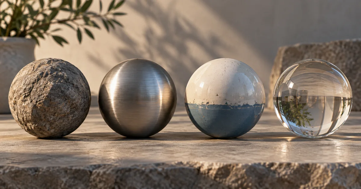 A row of spheres shows rough stone, brushed metal, painted ceramic, and glass under one consistent studio light.