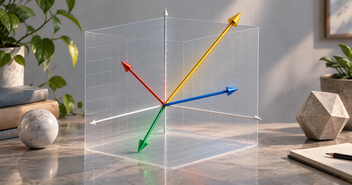 Three colored rods point through a translucent coordinate frame, with a fourth rod showing their combined direction.
