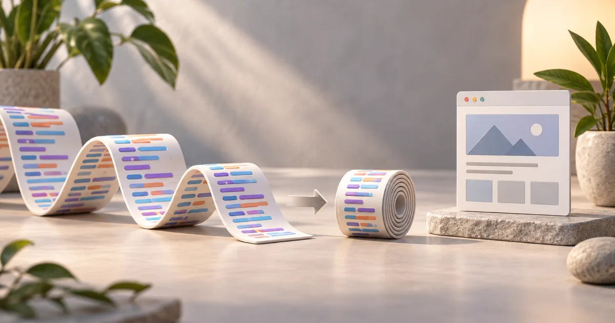 A long loosely spaced ribbon of style blocks becomes a compact roll, while the arrangement of a small page model stays the same.