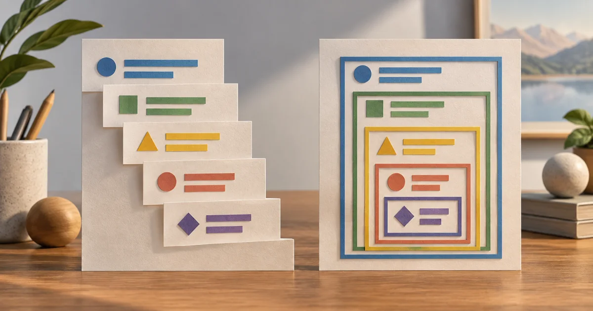 Two paper structures hold matching colored values, with one using indentation-like steps and the other using explicit enclosing frames.