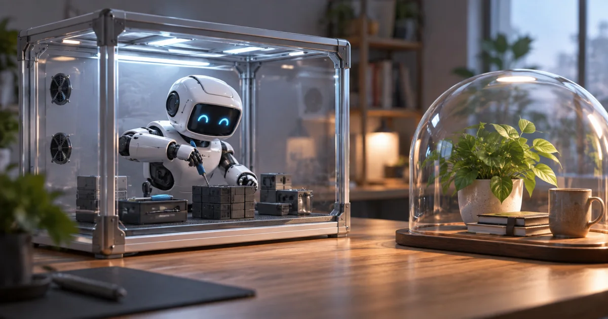 A mechanical helper works inside a clear enclosure with a small set of permitted tools and a separate protected workspace outside.