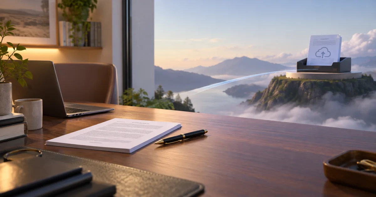 An unmarked contract stays inside a clear local workspace beside a distant upload tray, with the two destinations visibly separated.