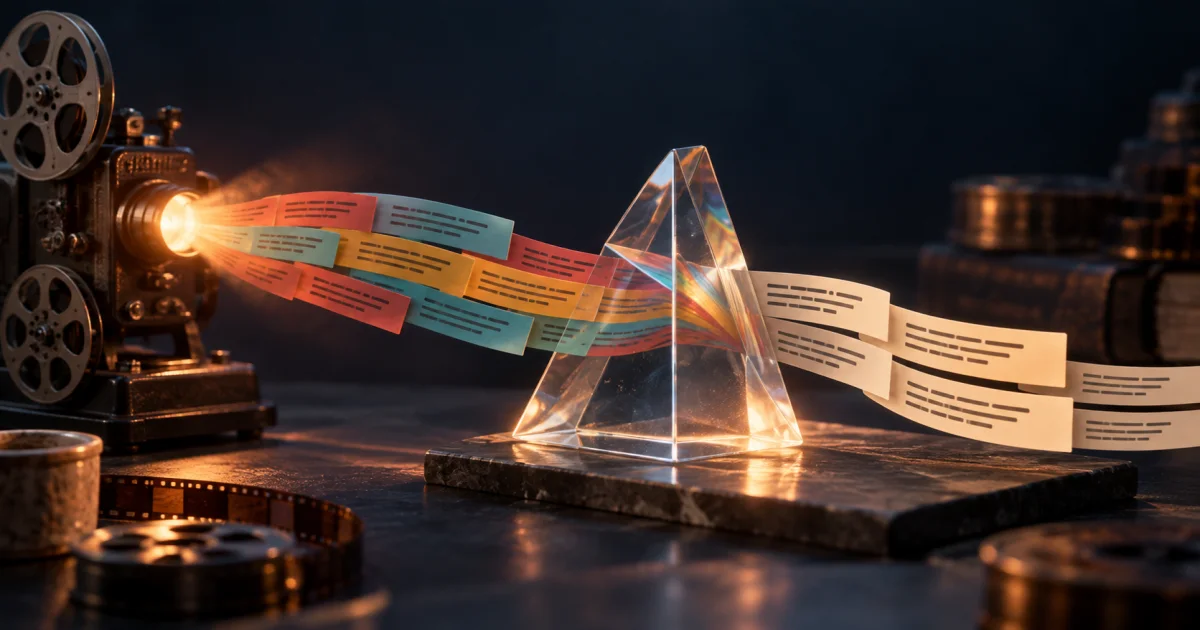 Layered subtitle strips become plain caption strips through a glass prism.