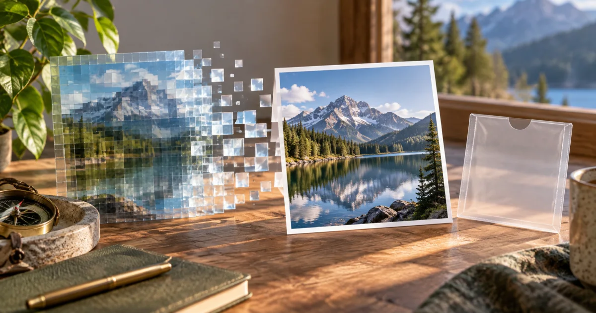 A luminous translucent mosaic condenses into a clear printed landscape photograph beside a small blank photo sleeve.