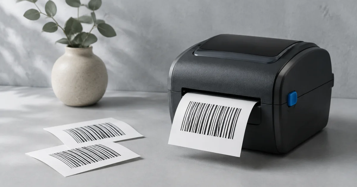 A compact label printer with a printed barcode label and two spare labels on a pale surface.