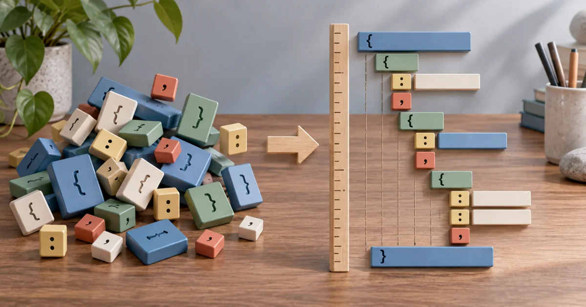 Loosely arranged data blocks become evenly indented nested rows beside a careful alignment ruler.