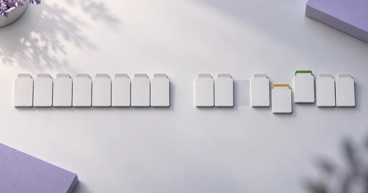 Two rows of blank paper tabs side by side, one tab missing, one extra tab with a green edge and one shifted down with an amber edge.