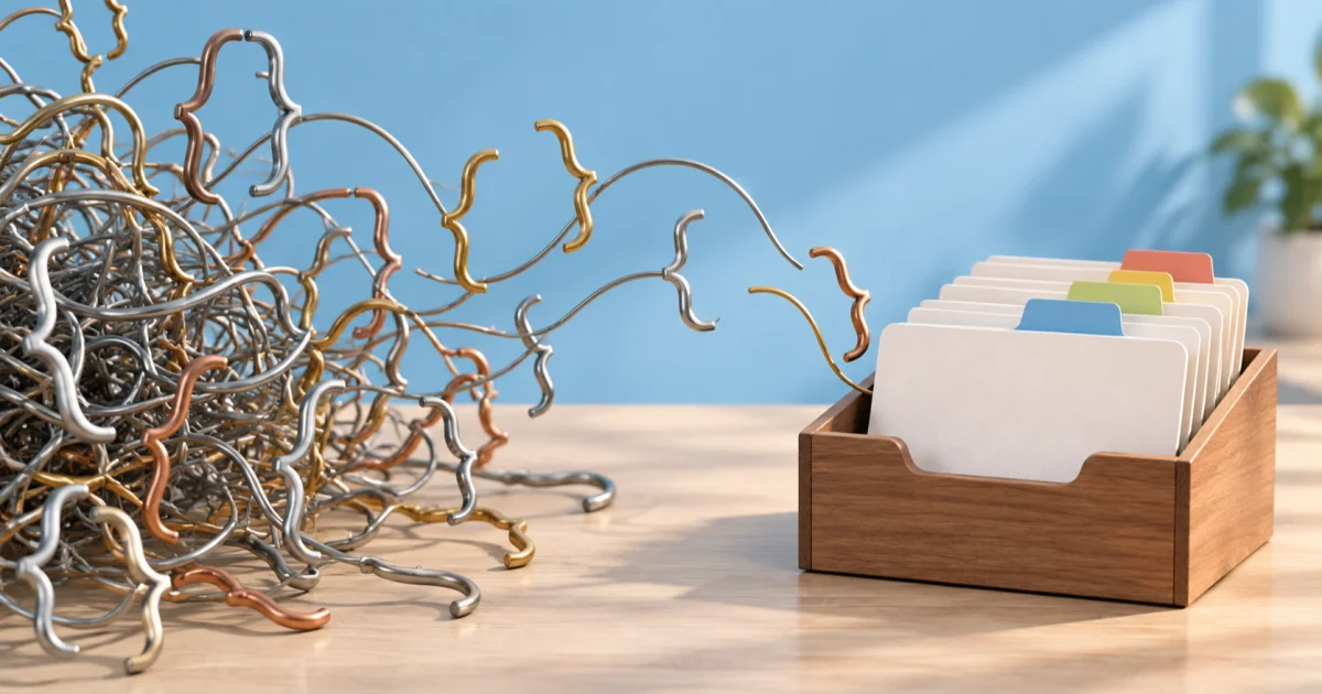A tangle of curly-bracket-shaped wire on a desk next to a small wooden card box holding tidy blank index cards with coloured tabs.