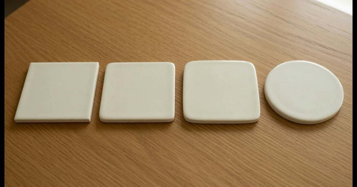 Four blank ceramic tiles in a row on an oak table, each with visibly rounder corners than the one before it, until the last is almost a circle.