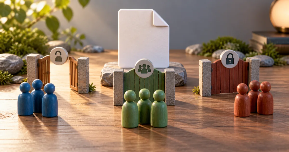 Three small groups of people-shaped wooden tokens stand beside permission gates and a single file object.