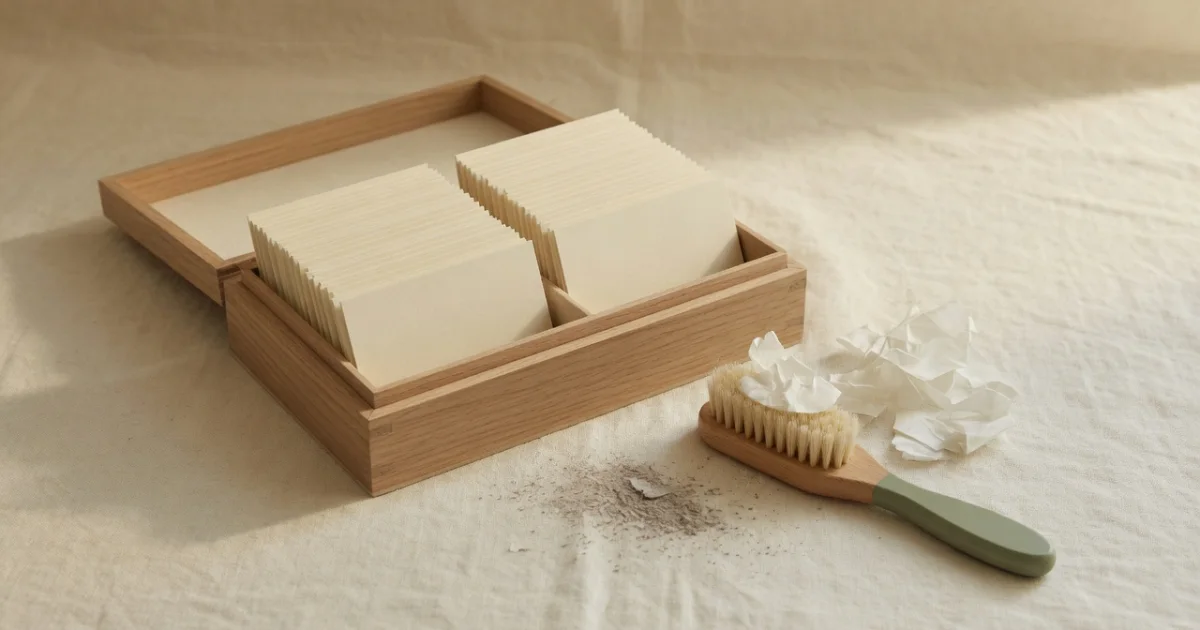 An open oak box of blank cream cards in tidy stacks beside a sage-handled brush, crumpled tissue scraps and a little swept dust.