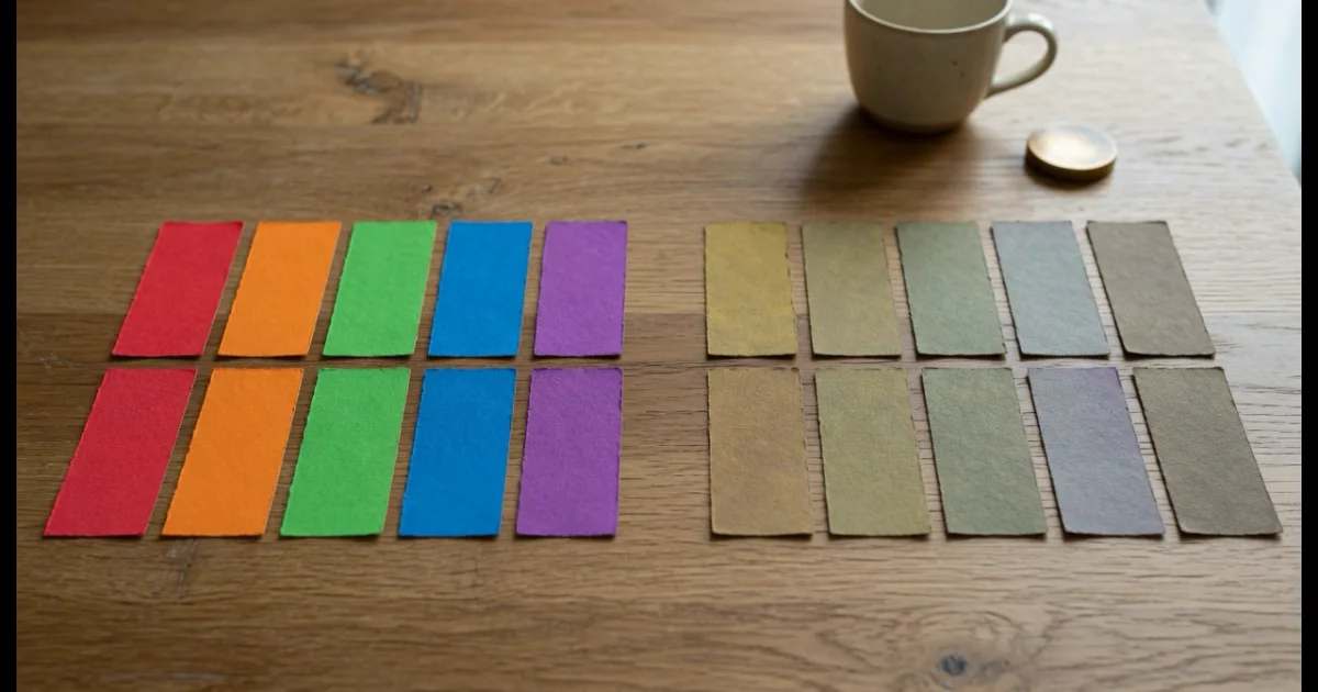 Two rows of five paper swatches on an oak table: vivid red, orange, green, blue and violet on the left, and the same five on the right muted into yellow-browns and greys where neighbouring colours have converged.
