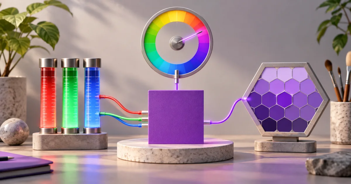 A single color sample connects to three different measuring arrangements for light channels, hue position, and hexadecimal-style grouping.