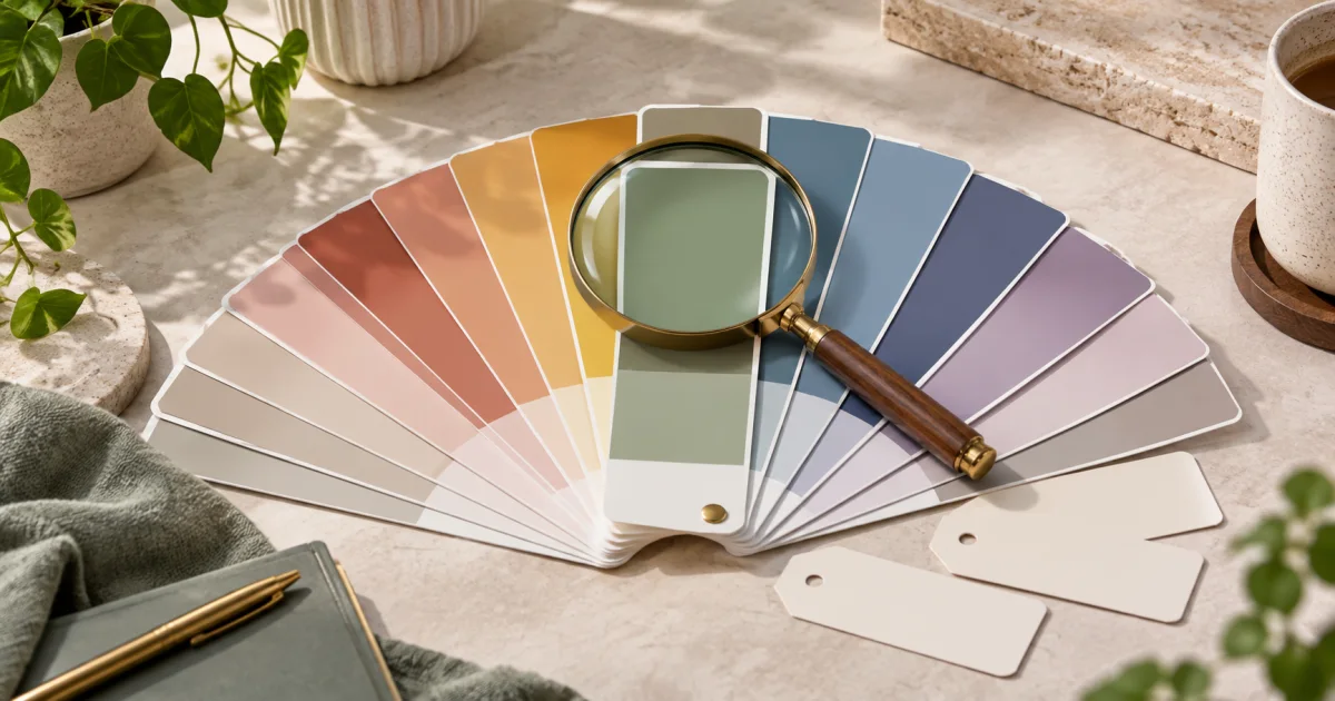 A fan of carefully varied paint samples surrounds one selected shade beneath a magnifying lens and blank naming tabs.