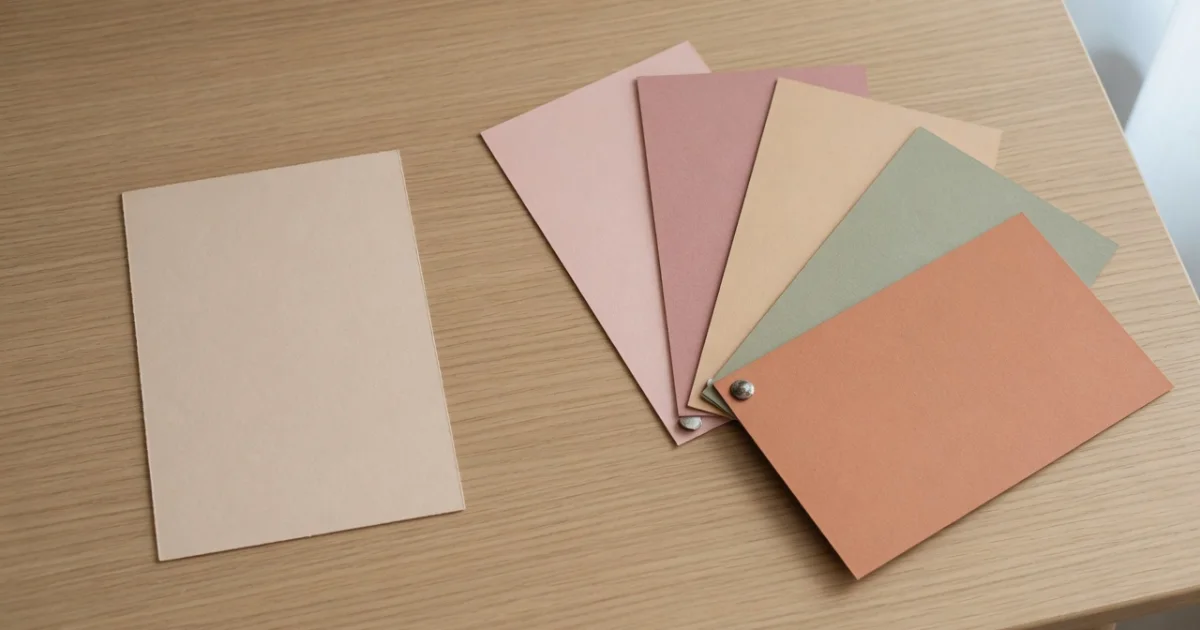 One blank paper swatch on an oak table beside a fan of five soft-coloured swatches spread open on a brass rivet.