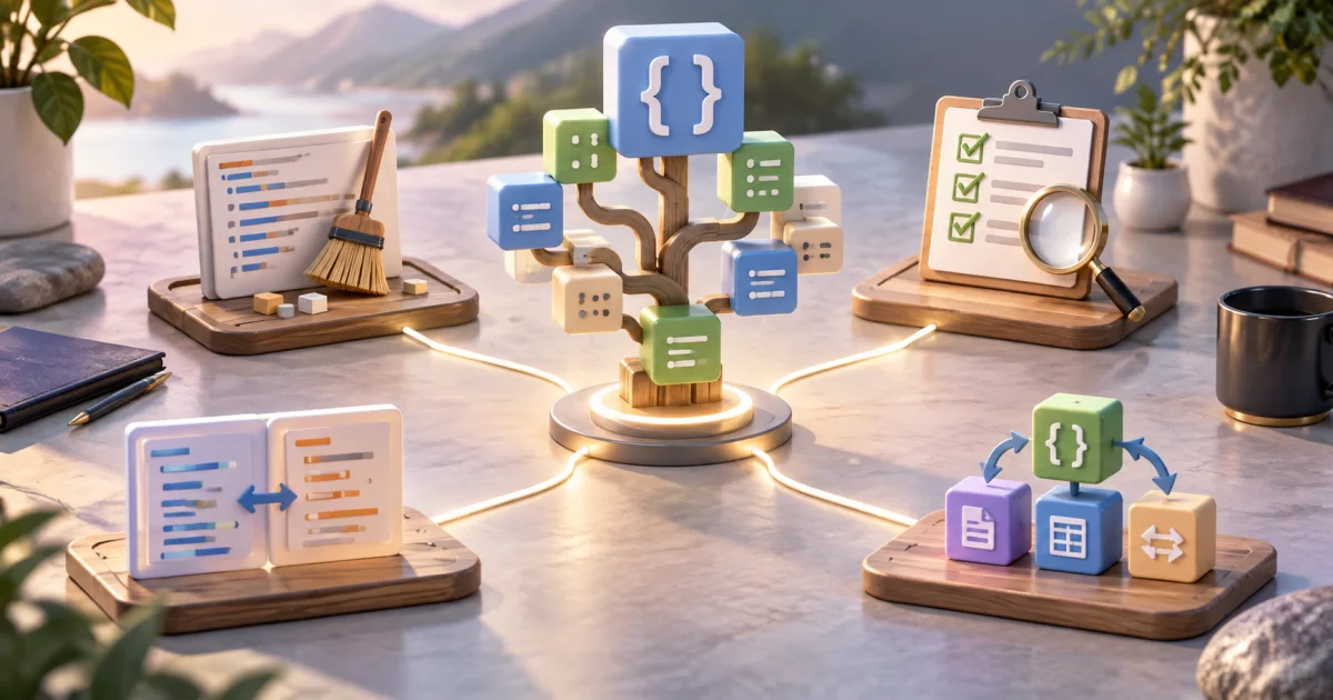 A structured data tree sits at the center of smaller work areas for alignment, validation, comparison, and conversion.