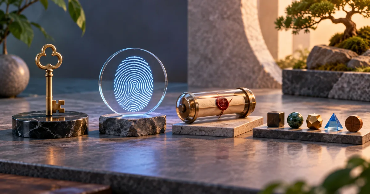 A key, a fingerprint-like abstract pattern, a sealed message capsule, and a row of unpredictable tokens occupy separate inspection areas.