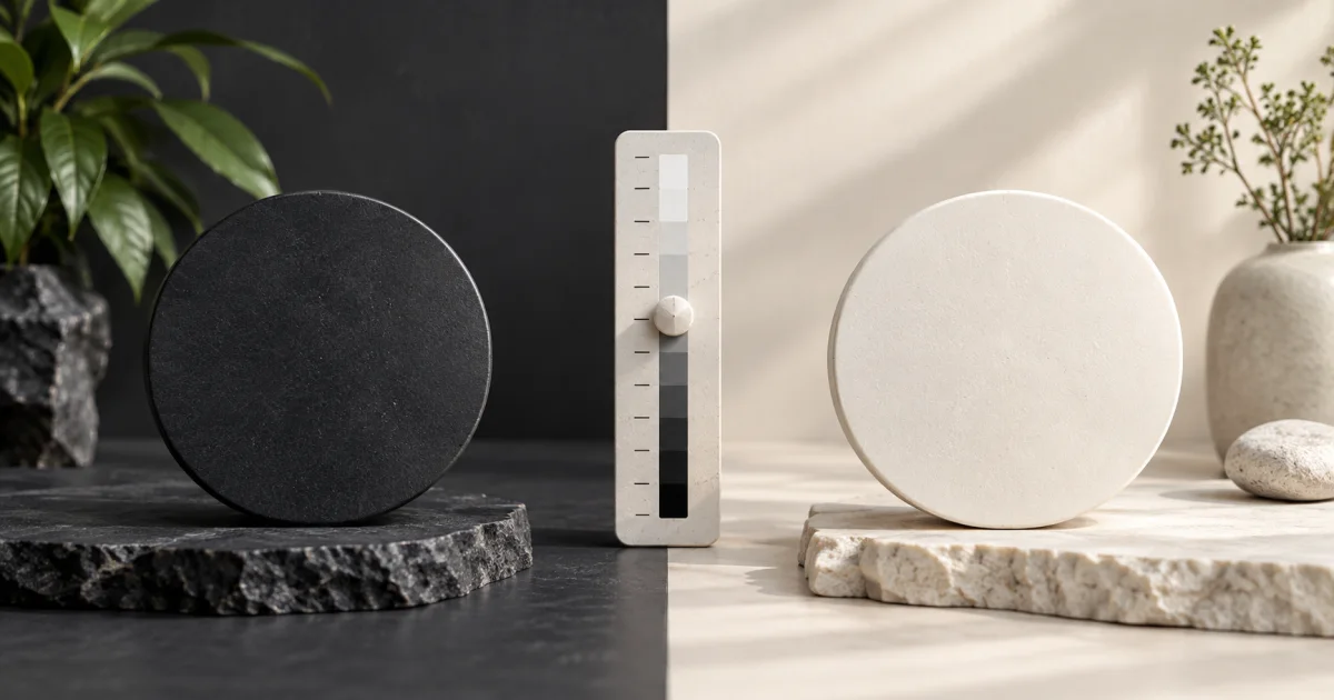 A dark circular sample and a pale circular sample sit on contrasting backgrounds beside a simple light measurement scale.