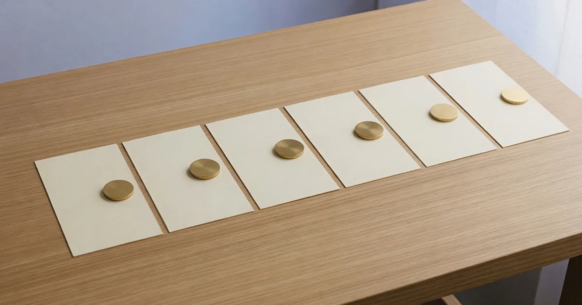 Six blank cream cards in a row, each holding a small brass disc positioned a little further across the card than the one before.