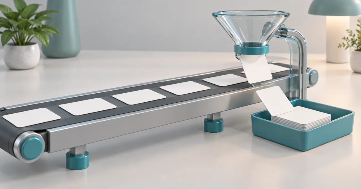 A conveyor carrying a row of blank white cards past a glass funnel that lifts duplicate cards into a teal tray.