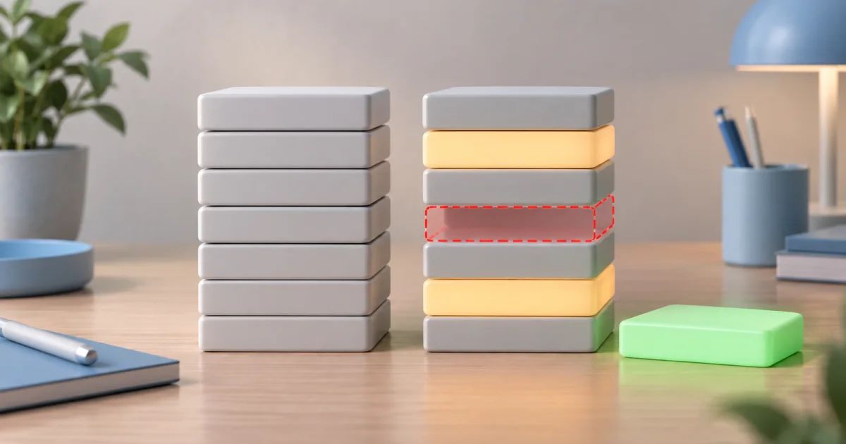 Two stacks of blank grey tiles on a desk; in the right stack two tiles glow amber, one gap is outlined in red, and an extra green tile sits beside it.