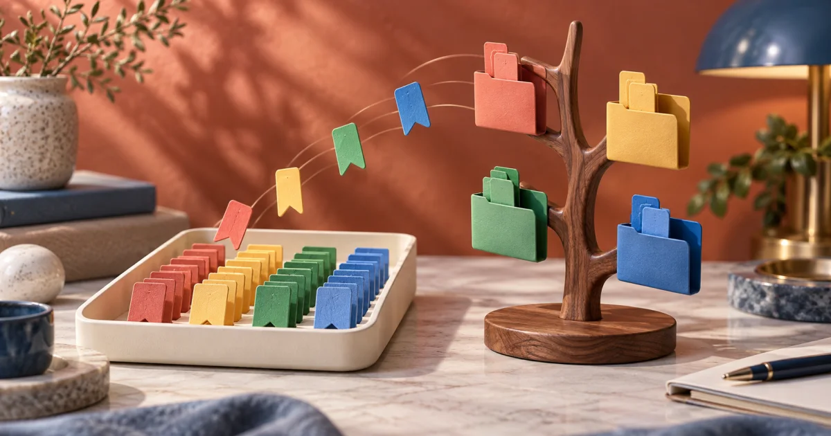 Rows of bookmark tabs form a branching folder organizer.