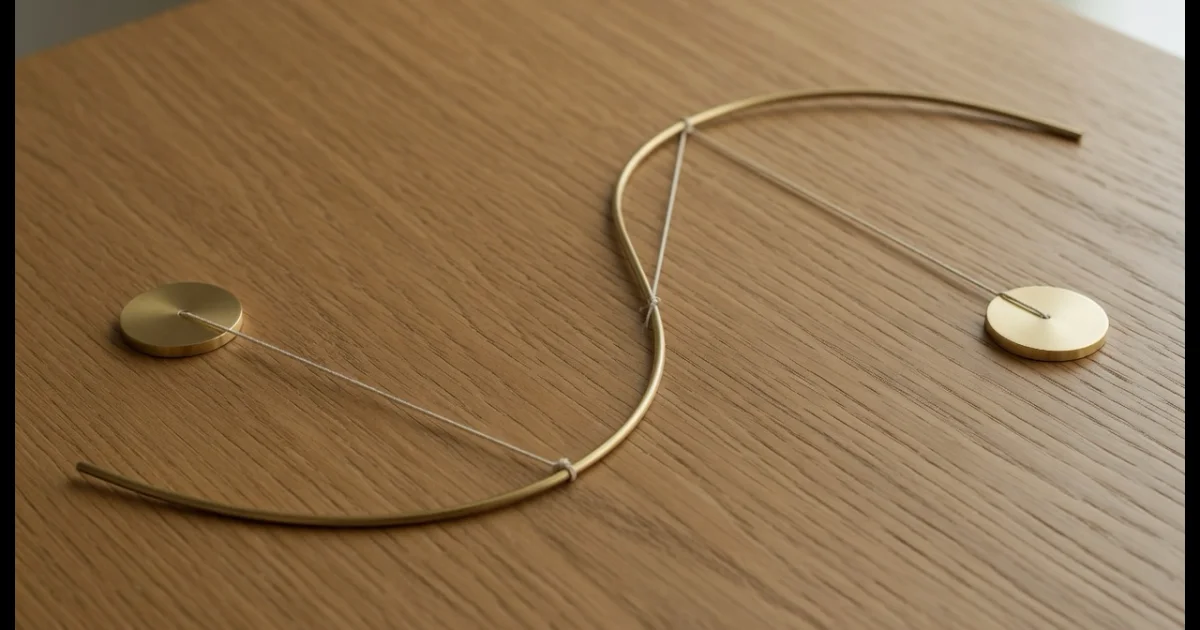 A length of brass wire on an oak table bent into a smooth S-curve, with two small brass weights either side connected to it by taut threads.