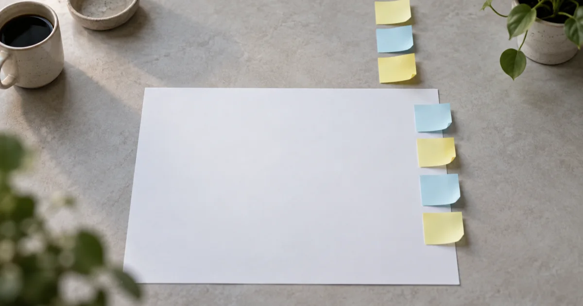 Blank sticky notes lifted off the margin of a blank page into an orderly vertical column.