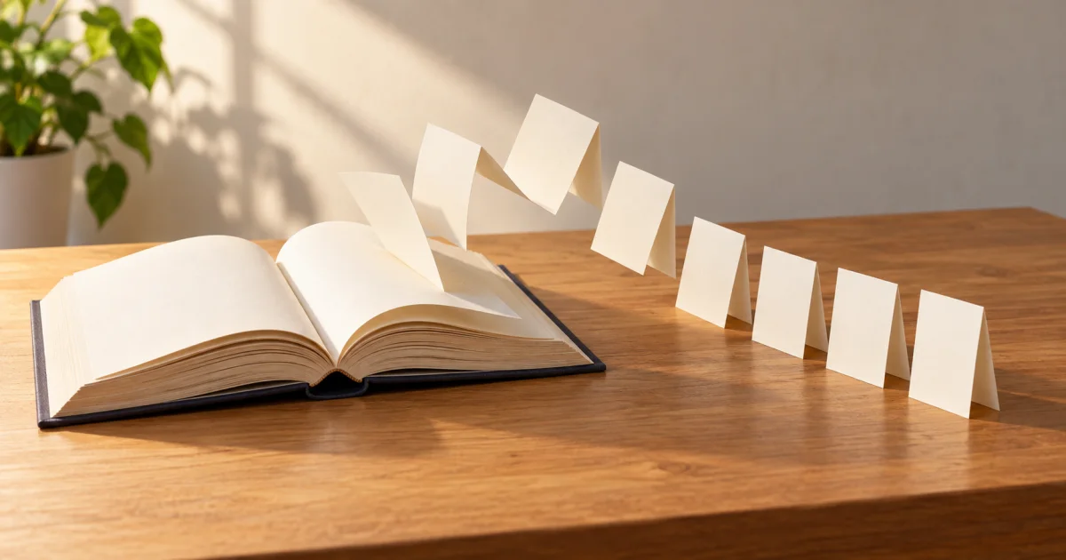 A bound book of blank cream paper lies open on a drafting table while a neat row of small blank folded paper cards lifts away from its pages.
