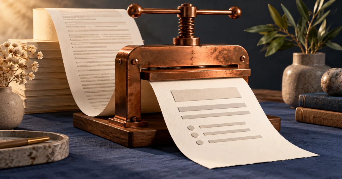 An embossed document becomes a simple heading, paragraphs, and list structure.