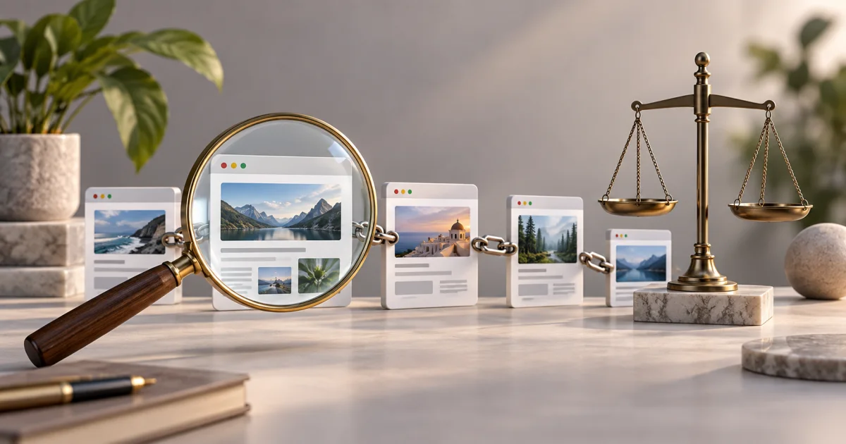 A magnifying lens examines several linked website models beside a neutral comparison scale without scores or upward arrows.