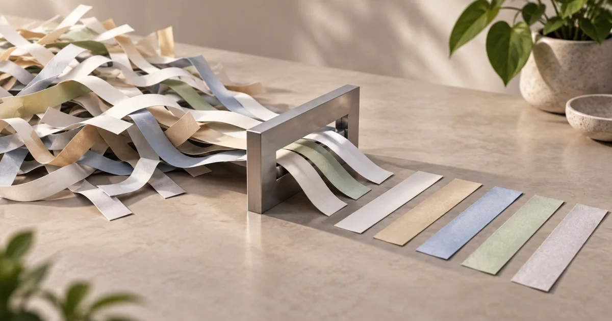 Repeated paper strips pass through a narrow sorting frame, leaving one copy of each distinct strip in a clean row.