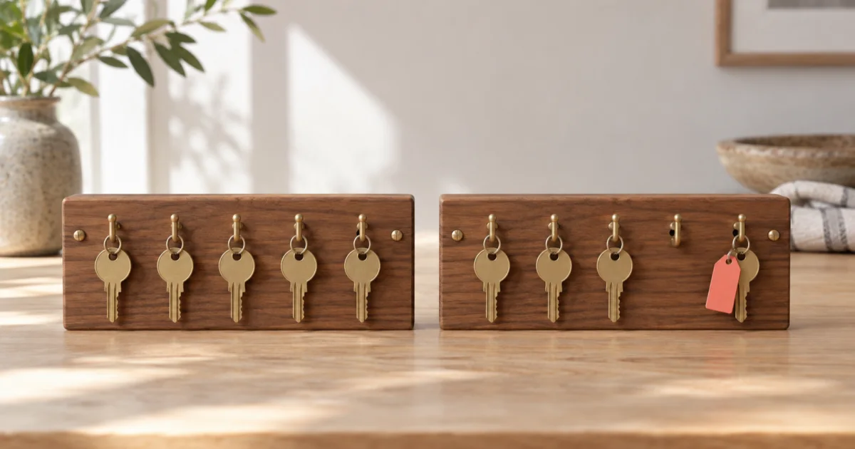 Two walnut key boards with brass hooks side by side; the right board has one empty hook and one key with a coral tag where the left board has plain keys.