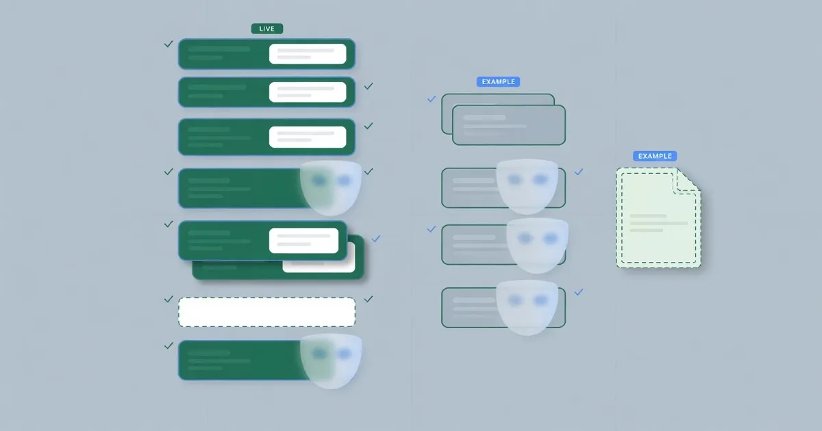 Two columns of key-value cards sit side by side, with duplicate stacks and frosted masks over secret-looking values.