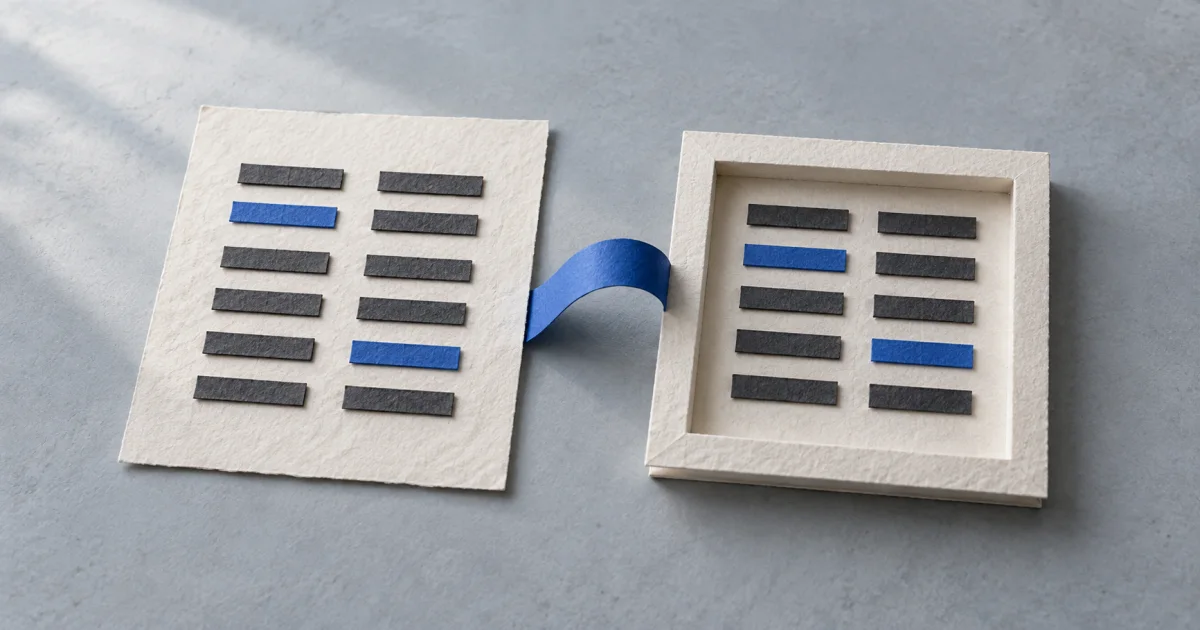 Two paper documents hold matching black and blue value strips, with a blue ribbon between the flat and framed arrangements.