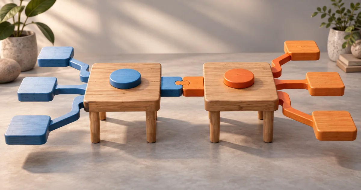 Two table-shaped wooden structures connect through matching colored key pieces, with distinct one-to-many branches.