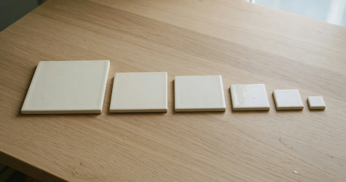 One large blank ceramic tile beside a row of the same tile in five progressively smaller sizes on an oak table.