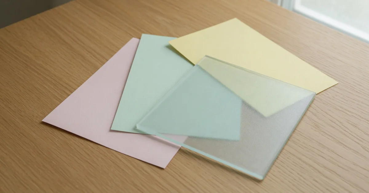 A pane of frosted glass resting over three blank pastel papers, softening them where it covers them while their edges stay sharp beyond it.