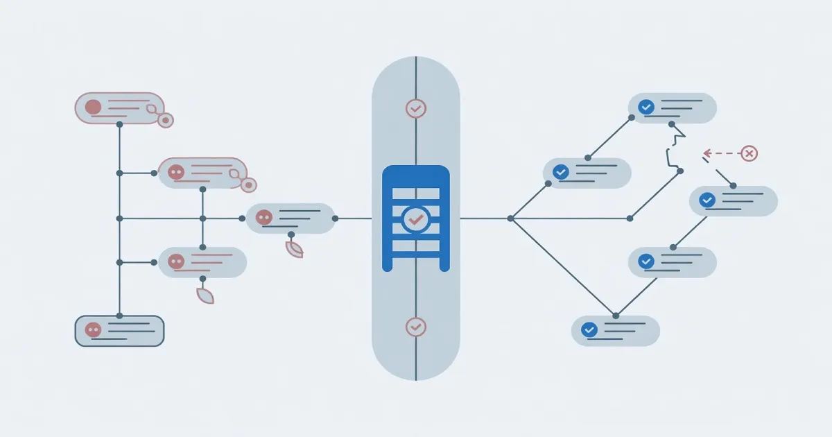 A schema tree and a query tree meet at a check gate, with an unmatched brace shown as an open geometric gap.