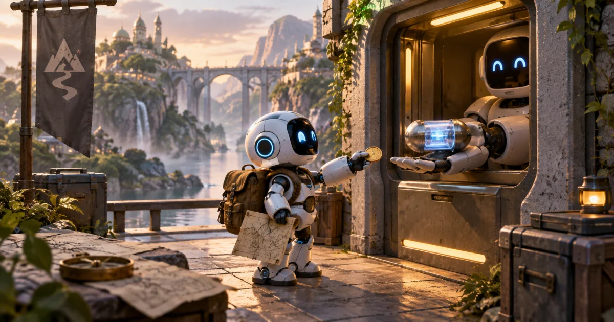 A small mechanical assistant follows a source map to a request station, exchanges a plain token, and receives a sealed data capsule.