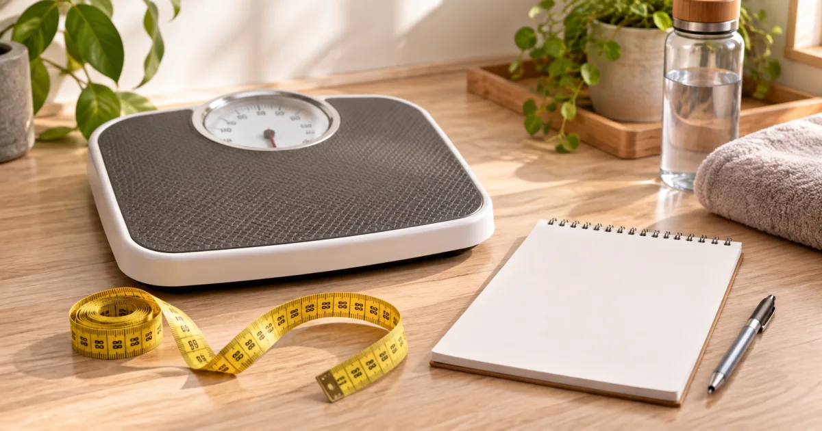 A neutral measuring tape and a plain bathroom scale sit beside a blank record sheet, with no body image or health verdict.