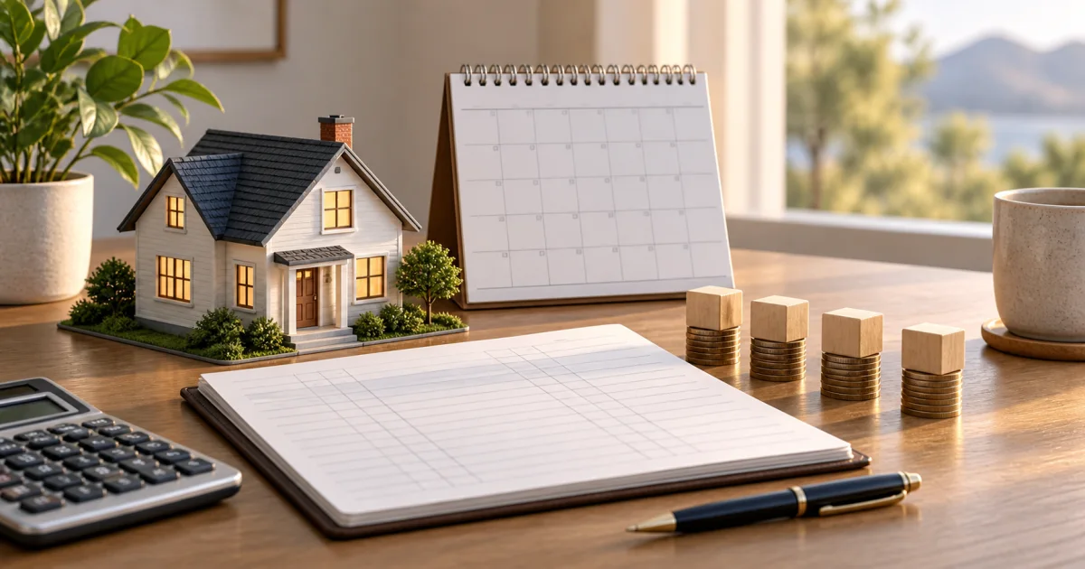 A small house model stands beside an unmarked monthly calendar, a plain loan ledger, and equal payment blocks.