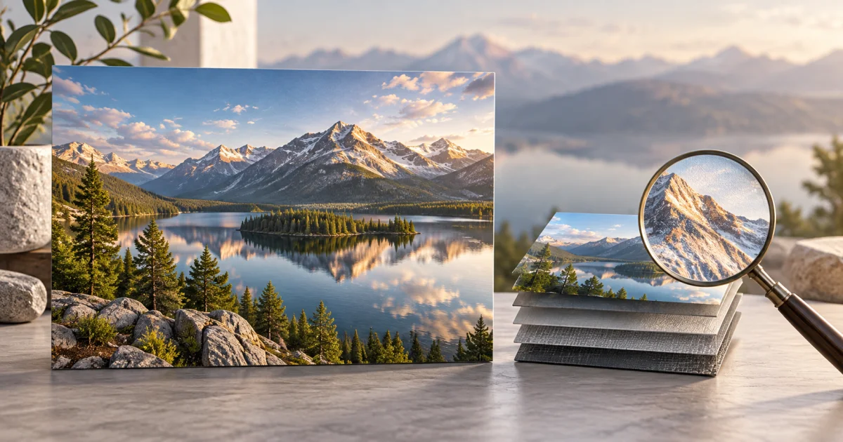 A detailed landscape picture sits beside a compact layered representation, with a magnifying lens over fine texture.