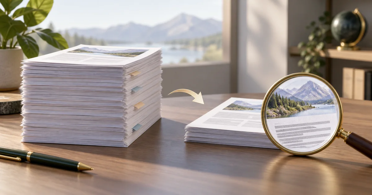 A thick stack of unmarked documents becomes a thinner bundle beside a magnifying lens that examines retained page detail.
