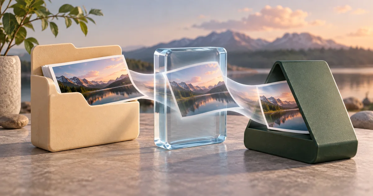One landscape image passes between three differently shaped file containers while its subject remains recognizable.