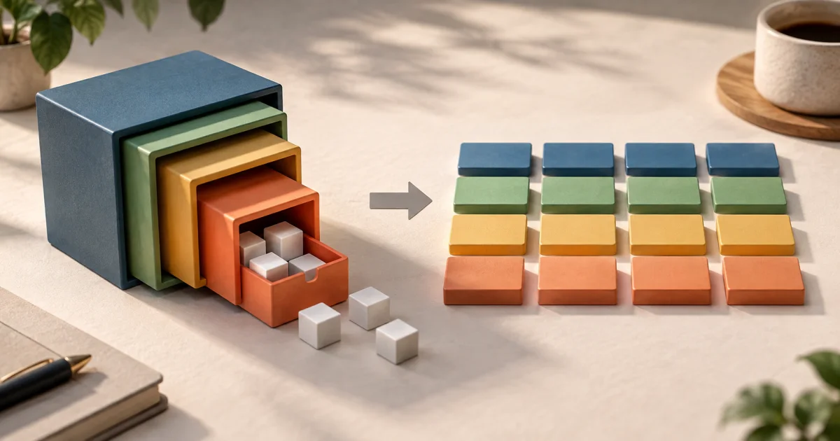 A nested set of colored data blocks opens into aligned rows and columns on a plain paper table.