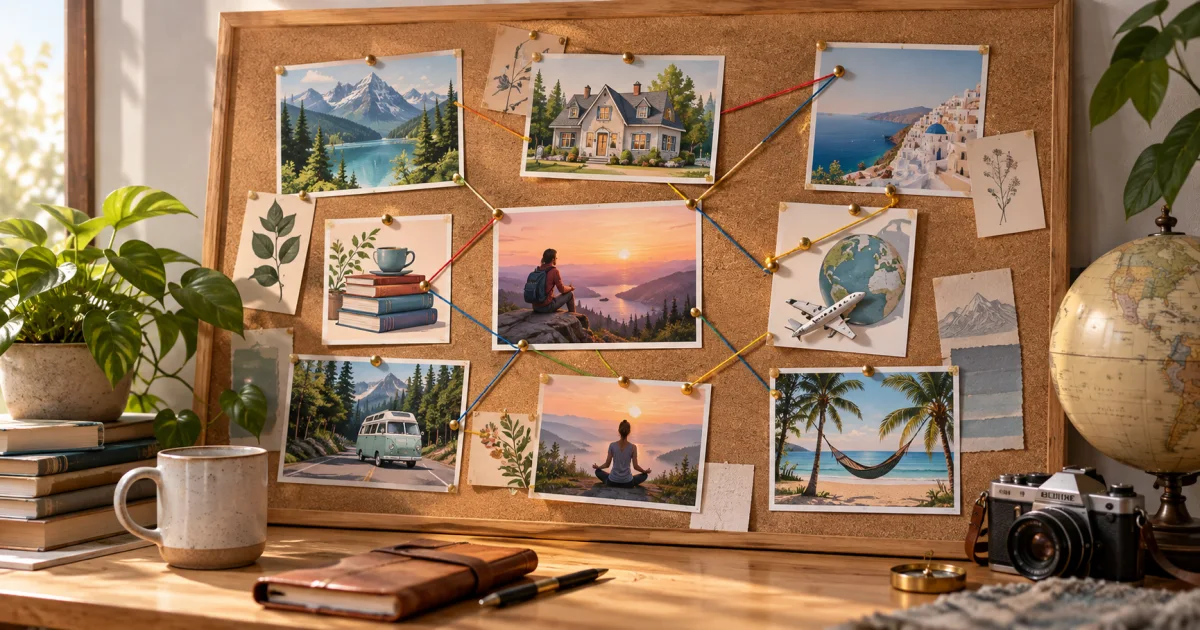 A physical inspiration board holds small landscape, home, learning, and travel illustrations connected by colored threads.