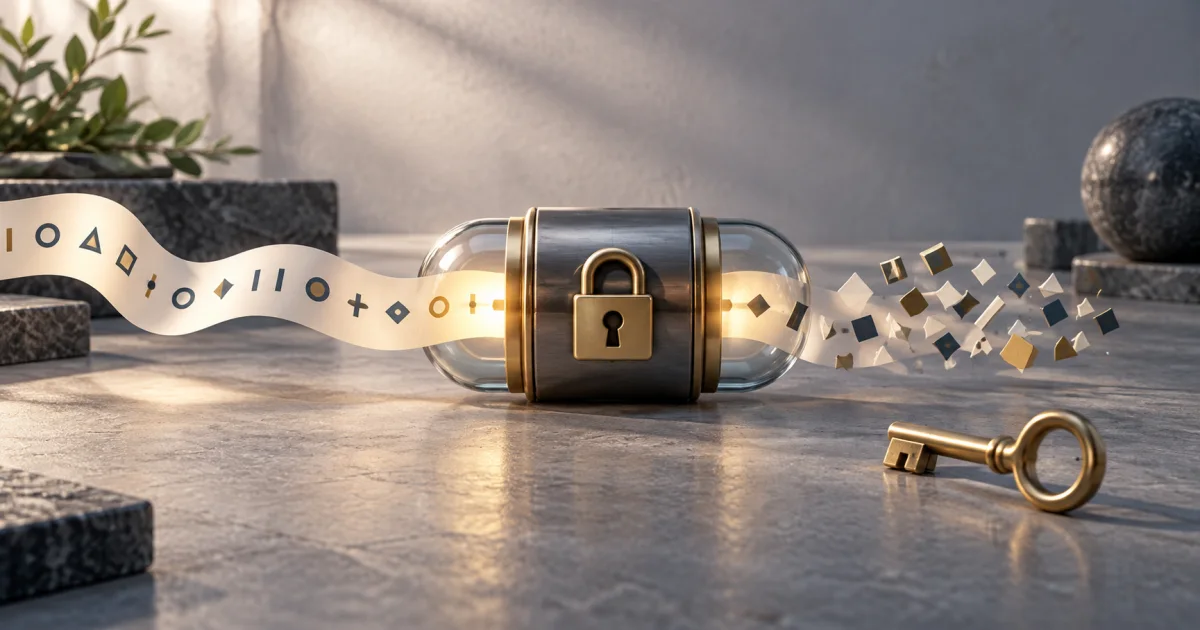 A readable-style ribbon of abstract marks enters a locked capsule and emerges as a scrambled arrangement beside a separate key.