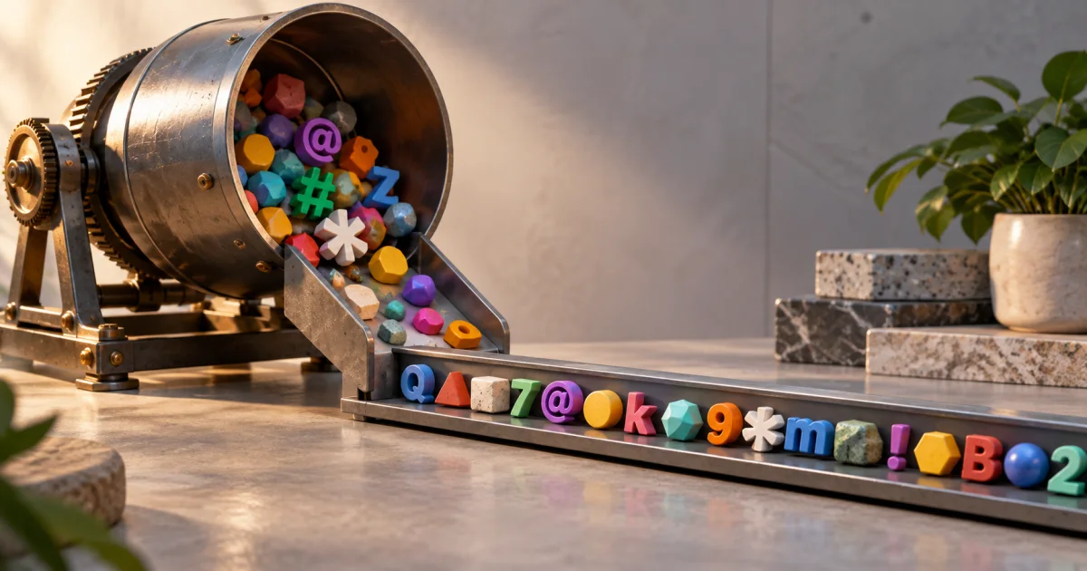 Colorful irregular tokens emerge from a mechanical mixing drum into a long identifier strip without a repeated pattern.