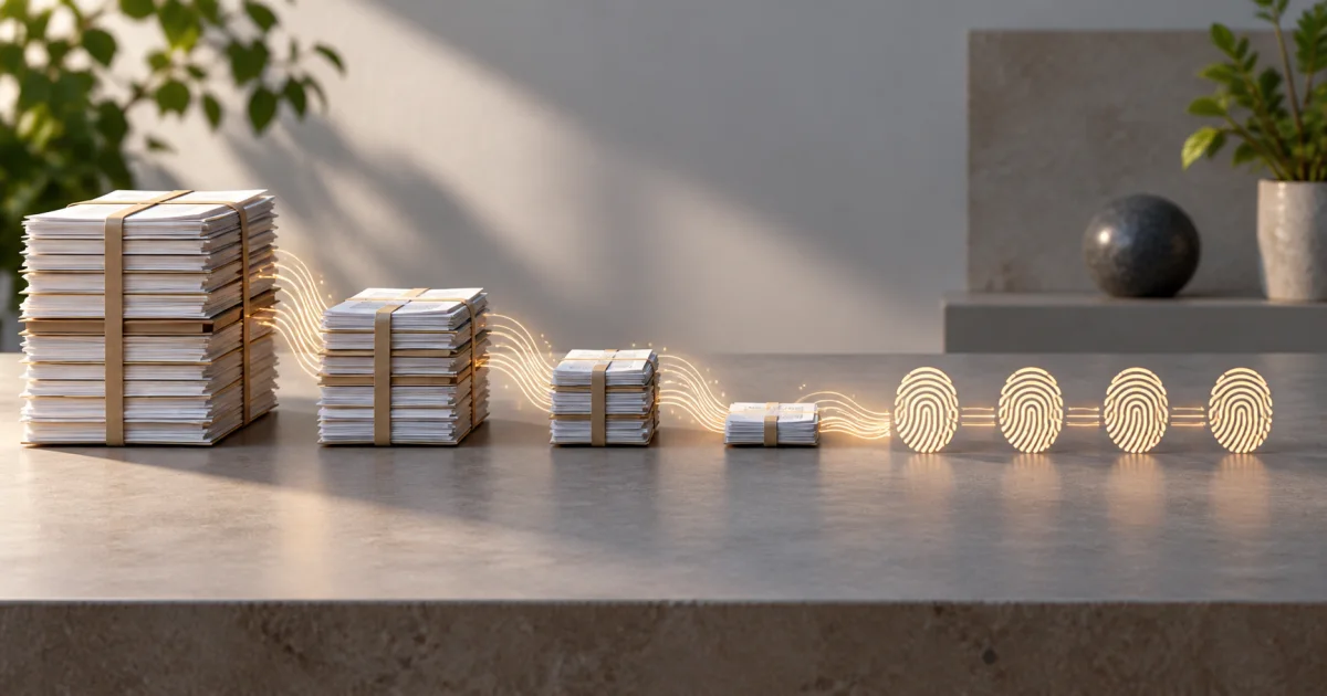 Several differently sized document bundles feed into compact fingerprint-like geometric patterns of equal width.